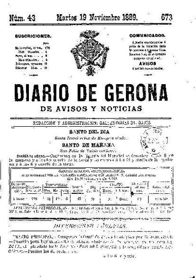 Diari de Girona d'avisos i notícies. 19/11/1889. [Issue]