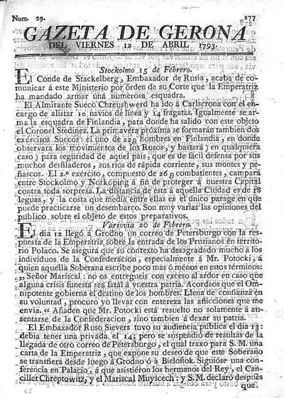 Gazeta de Gerona. 12/4/1793. [Issue]