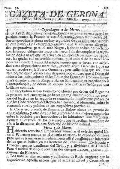 Gazeta de Gerona. 15/4/1793. [Issue]