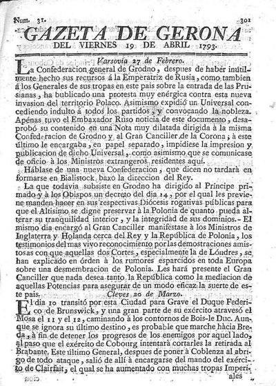 Gazeta de Gerona. 19/4/1793. [Issue]