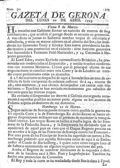Gazeta de Gerona. 22/4/1793. [Issue]