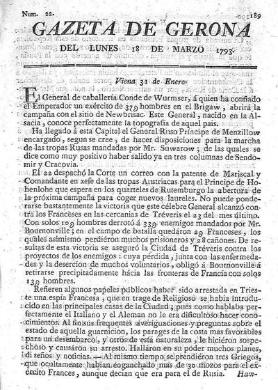 Gazeta de Gerona. 18/3/1793. [Issue]