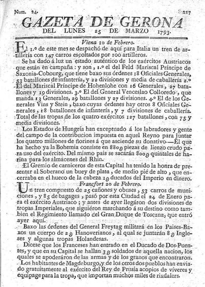 Gazeta de Gerona. 25/3/1793. [Issue]