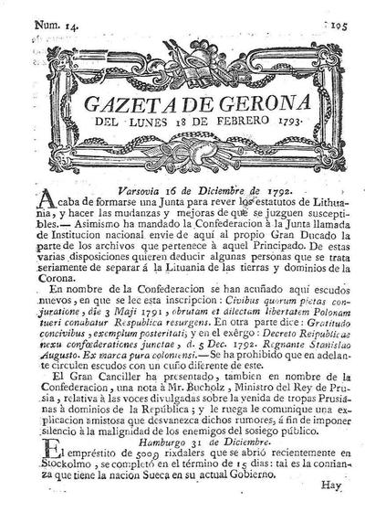 Gazeta de Gerona. 18/2/1793. [Issue]
