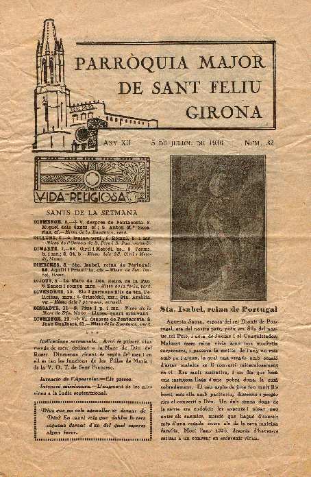 Fulla parroquial de la major de Sant Feliu. 5/7/1936. [Issue]