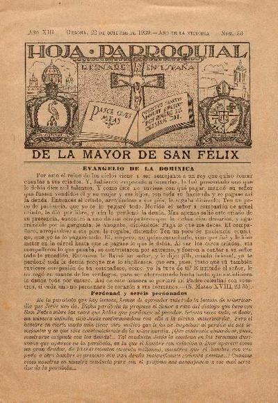 Fulla parroquial de la major de Sant Feliu. 22/10/1939. [Issue]