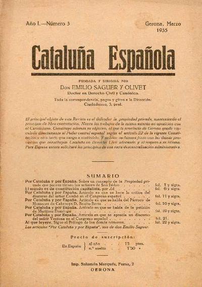 Cataluña Española. 1/3/1935. [Ejemplar]