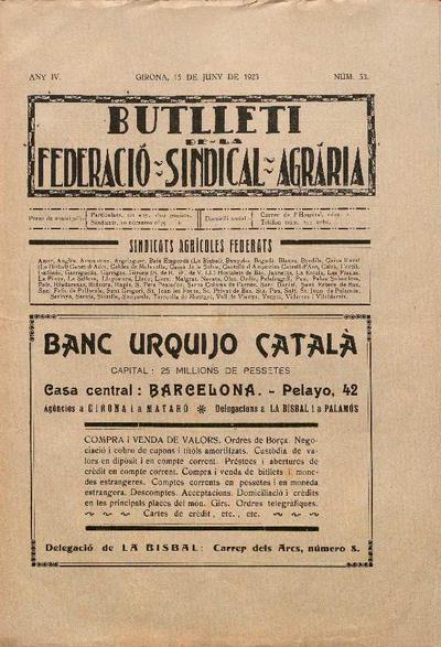 Butlletí de la Federació Sindical Agrària. 15/6/1923. [Issue]