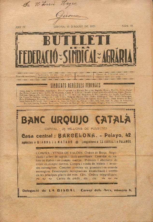 Butlletí de la Federació Sindical Agrària. 15/8/1923. [Issue]