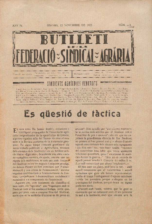 Butlletí de la Federació Sindical Agrària. 15/11/1923. [Issue]