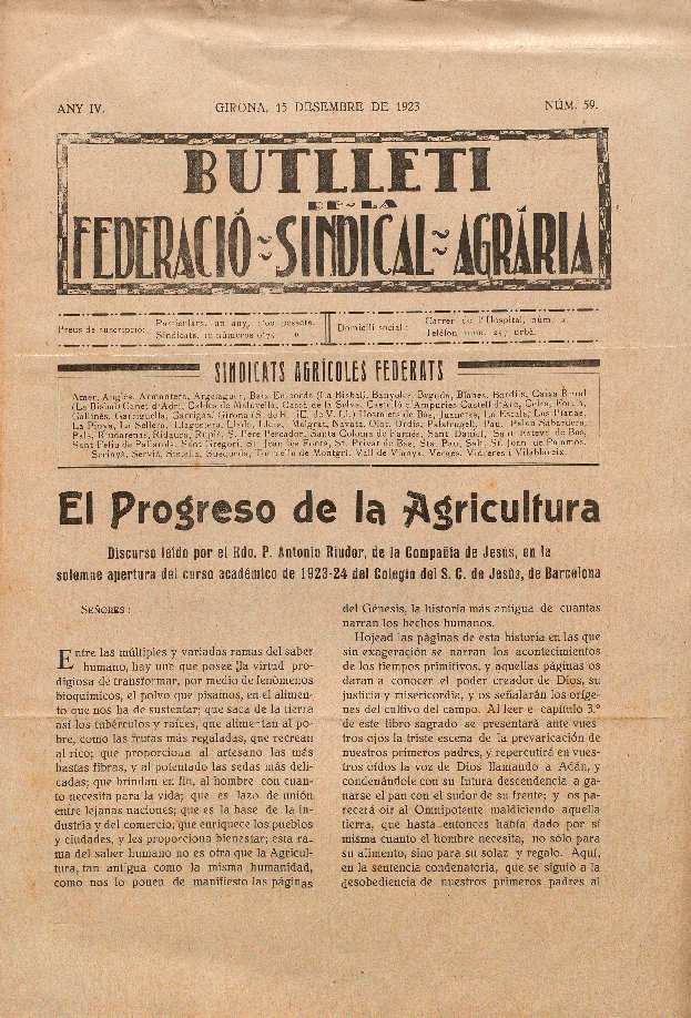 Butlletí de la Federació Sindical Agrària. 15/12/1923. [Issue]