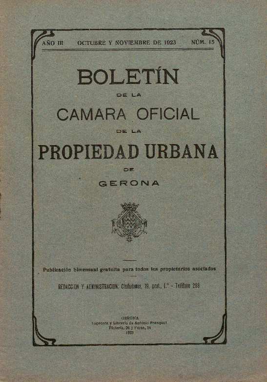 Boletín de la Cámara oficial de la Propiedad Urbana de Gerona. 1/10/1923. [Issue]