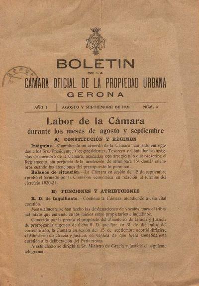 Boletín de la Cámara oficial de la Propiedad Urbana de Gerona. 1/8/1921. [Exemplar]