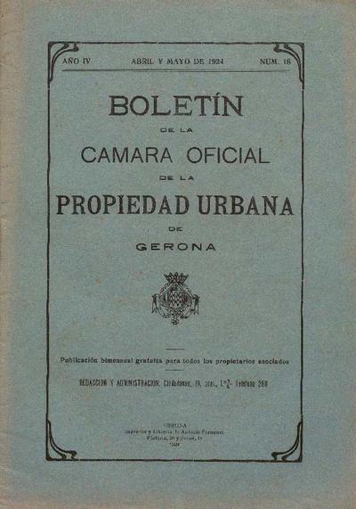 Boletín de la Cámara oficial de la Propiedad Urbana de Gerona. 1/4/1924. [Exemplar]