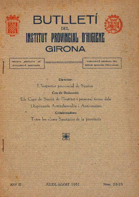 Boletín del Instituto Provincial de Higiene. Gerona. 1/7/1931. [Issue]
