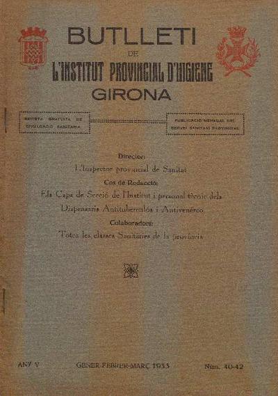Boletín del Instituto Provincial de Higiene. Gerona. 1/1/1933. [Issue]