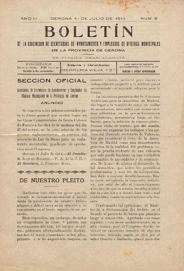 Boletín de la Asociación de Secretarios del Ayuntamiento y Empleados de Oficina Municipales de la Provincia de Gerona. 1/7/1914. [Exemplar]