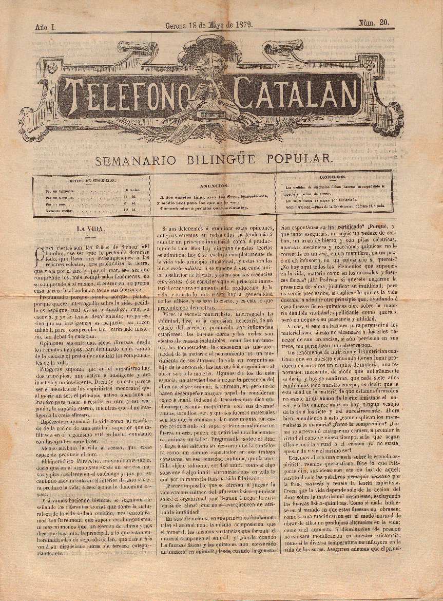 Teléfono catalán. 18/5/1879. [Ejemplar]