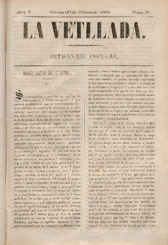 Vetllada, La. 26/2/1881. [Ejemplar]